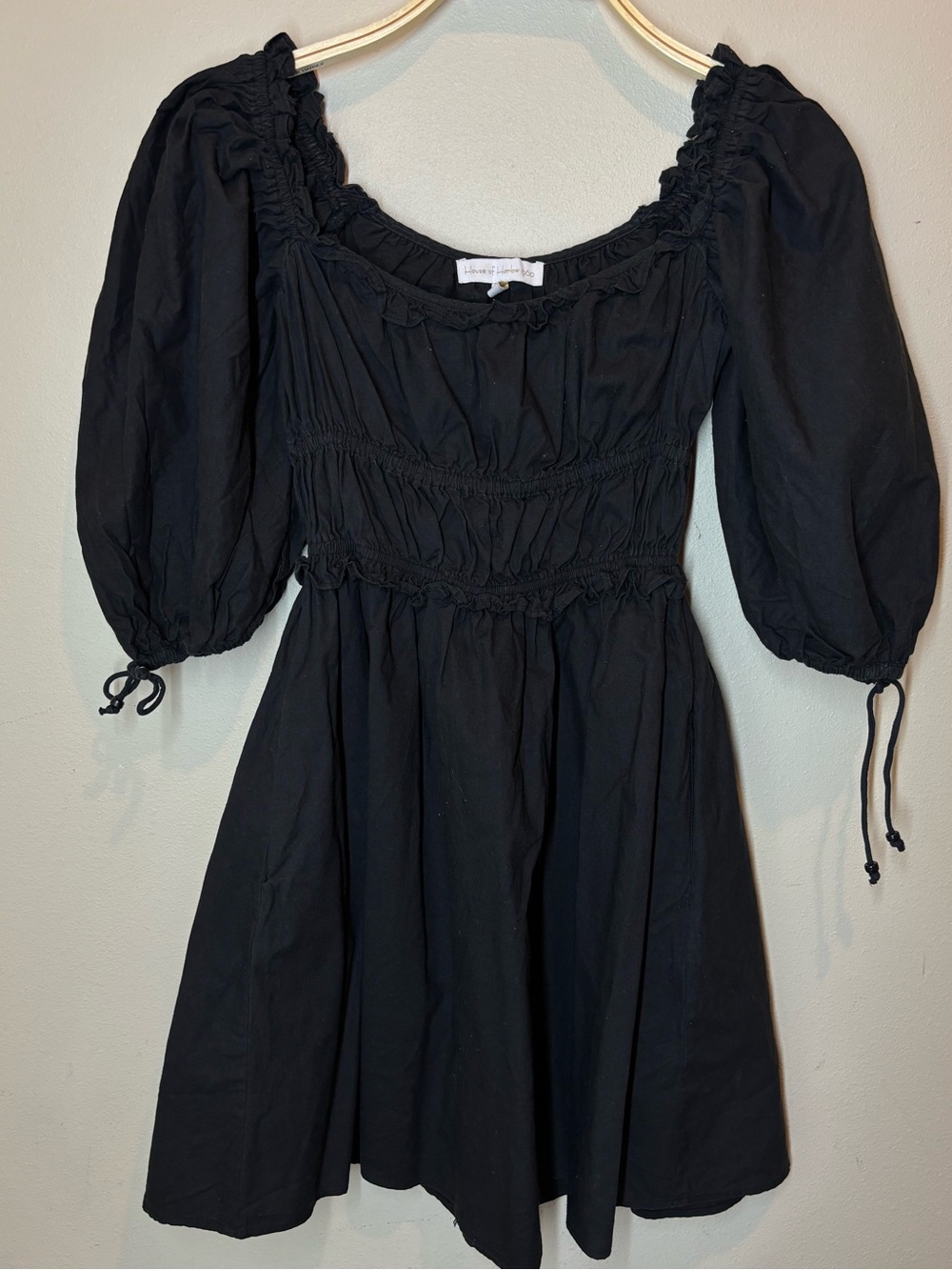 House of Harlow 1960 Cotton Black Puff Sleeve Peasant Dress, stretch bodice, XS